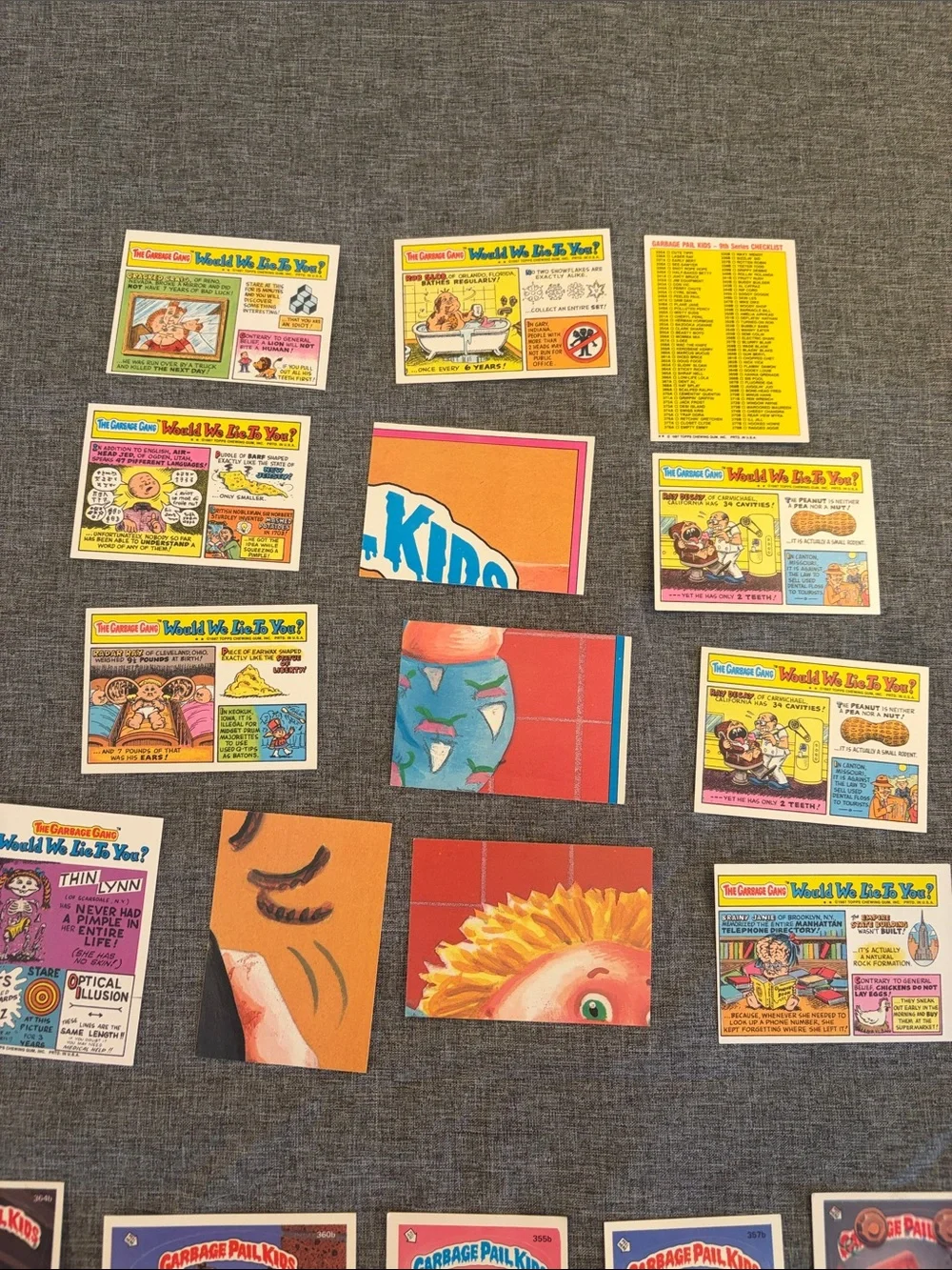 1987 Garbage pail kids series 9 assortment of 37 cards, (with duplicates)